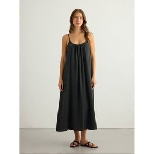 Handloom Kaya Tie Strap Maxi Dress Charcoal Grey Crinkle Cotton Gauze M/L